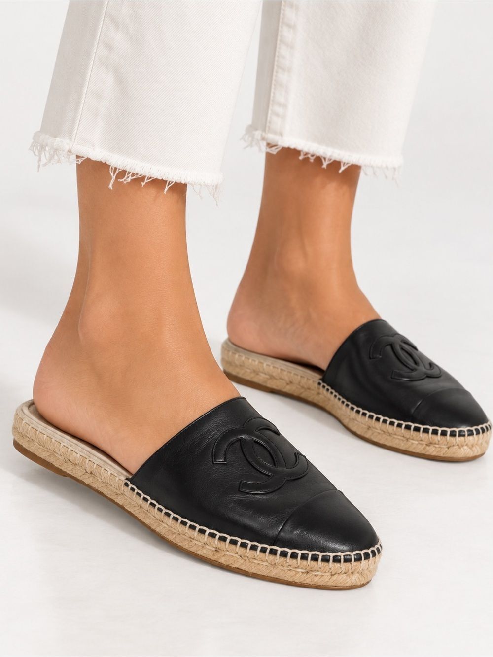 CHANEL Black Espadrille CC Logo Leather Slip-On Shoes IT36